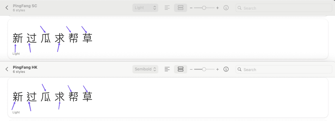 PingFang HK 与 PingFang SC 字体的差异