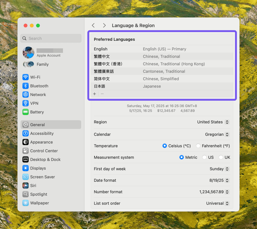 macOS语言设置界面